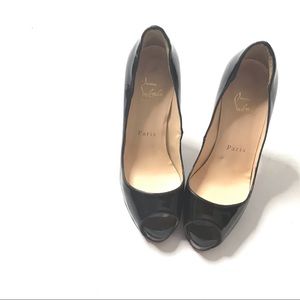 Christian Louboutin US 5 Very Prive Patent Black Heels Pumps 120mm Peep Toe